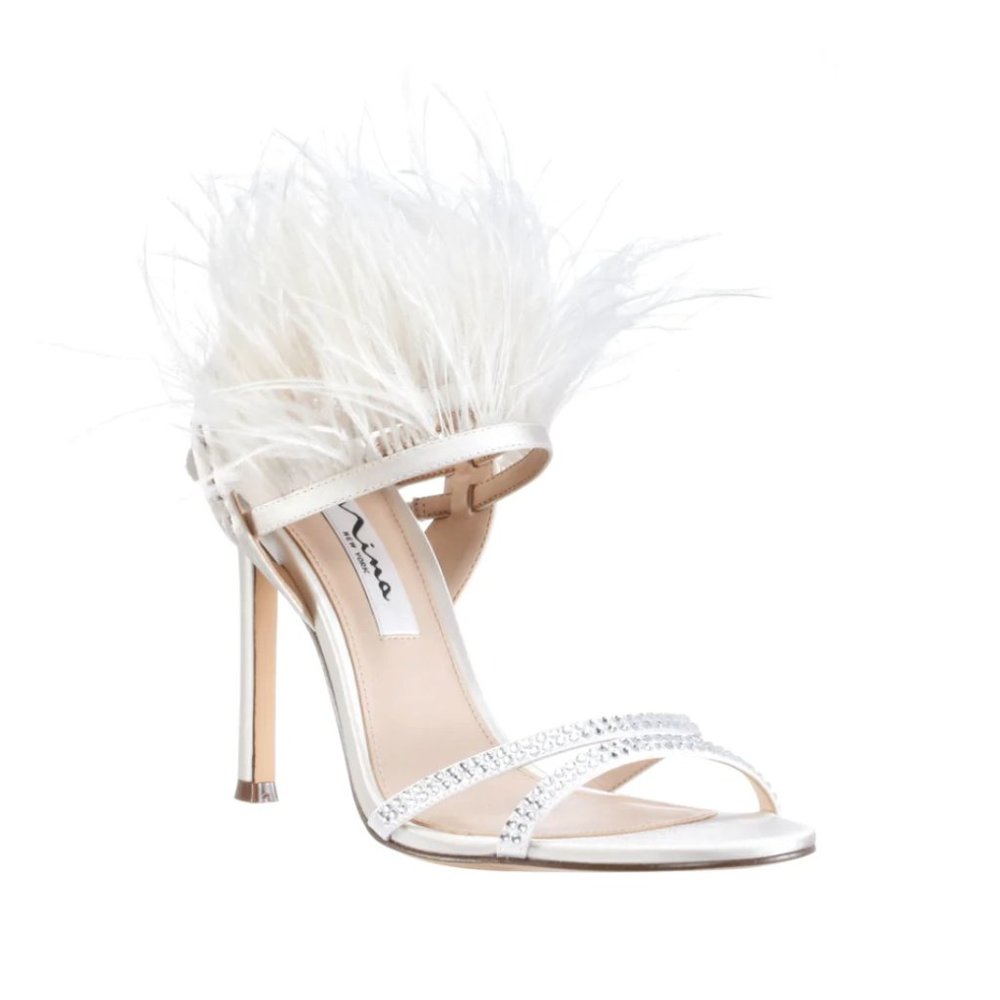 Nina Dalva Ivory Crystal Satin Feather Heel W 8.0 US
